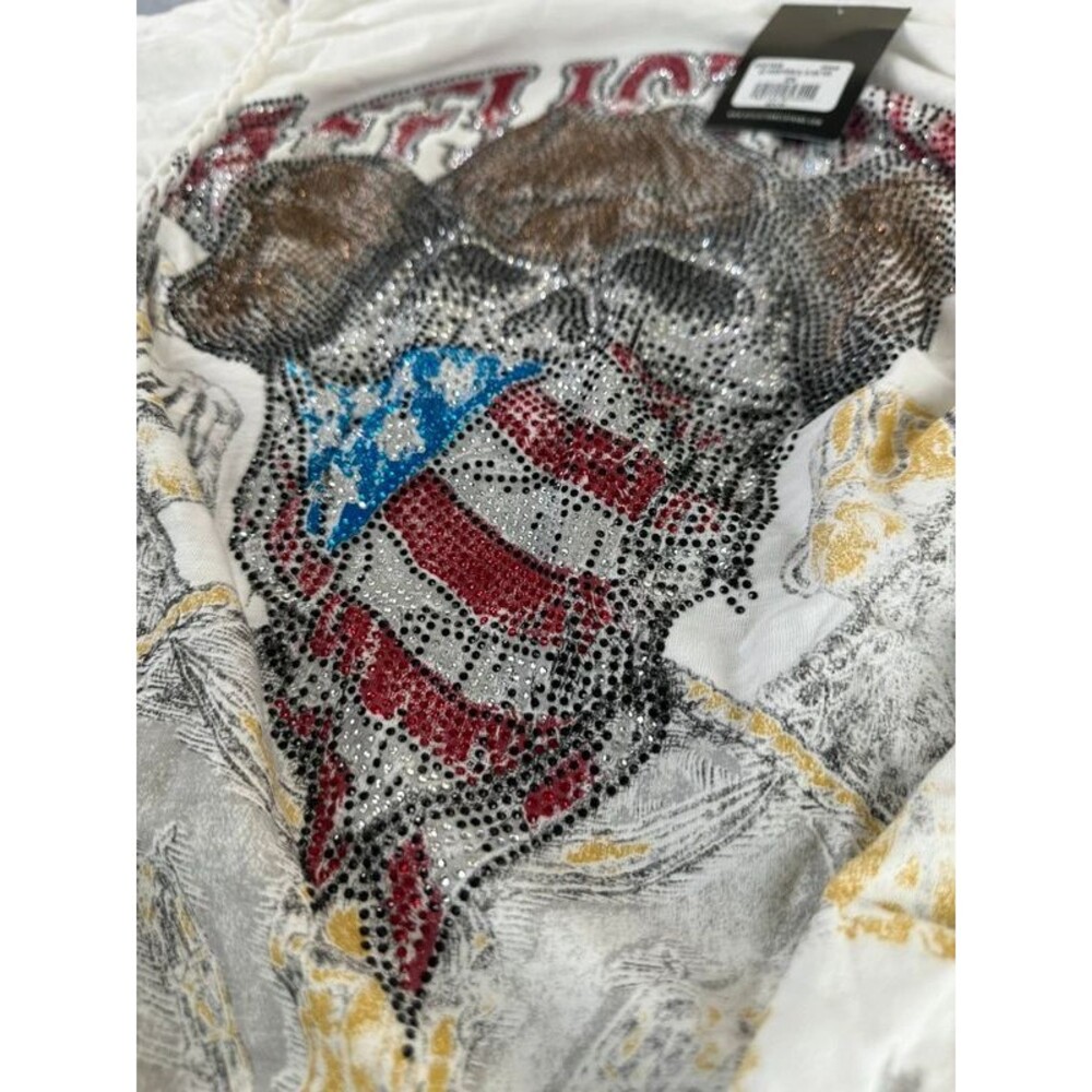 Affliction Rhinestone Western Skeleton Top Plus Sz 2X Braided Tee Cowgirl Rodeo - Picture 3 of 14